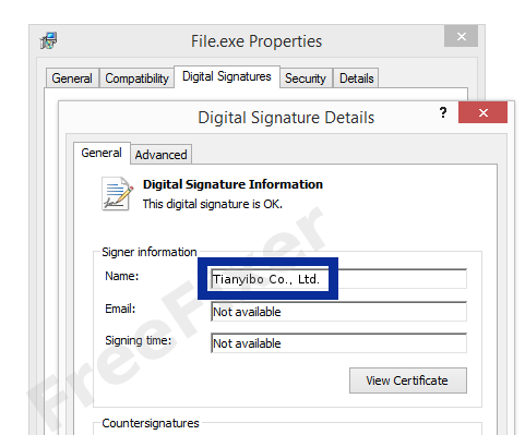 Screenshot of the Tianyibo Co., Ltd. certificate